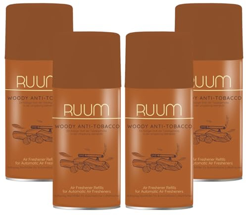 RUUM Lufterfrischer Nachfüller Woody Anti-Tobacco 250ml (4er Pack) | Raumduft-Spray-Nachfüller, kompatibel mit Freshmatic Max, holzig-frischer Anti-Tabak-Duft