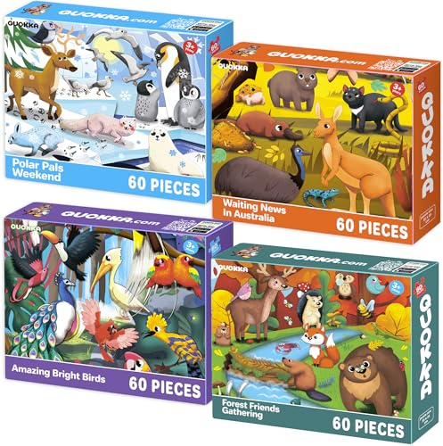 QUOKKA Puzzle ab 4 5 6 Jahre - 4x60 Teile Rahmenpuzzle Spiele für Jungen und Mädchen - Vertikale Bunte Puzzle mit Vögel, Polar, Waldtiere - Geschenk Spielzeug für Kinder 3 7 Jahre | 4x60 Teile Rahmenpuzzle Spiele für Jungen und Mädchen - Vertikale Bunte Puzzle mit Vögel, Polar, Waldtiere