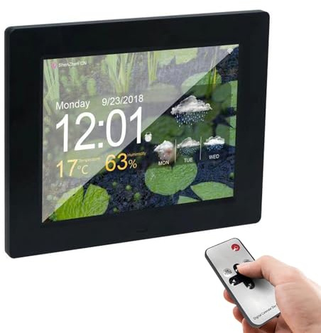 BDJSN Reloj WiFi De 8 Pulgadas, 9 Modos De Visualización del Pronóstico del Tiempo, Estación Meteorológica Inteligente con Control Remoto, 5 Despertadores, con Pantalla De Temperatura Y Humedad