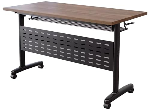 HGSLQDEE Konferenztisch Klappbarer Konferenztisch mit offenem Stauraum und Stahlblende, vielseitiger Besprechungs- und Schulungstisch für zu Hause oder das Büro(Brown,63x15.7x29.5in)