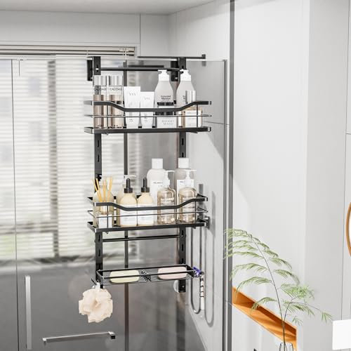 SWTYMIKI Duschablage Zum Hängen Verstellbar - Duschregal ohne Bohren für Glastür, Duschregal Aus Edelstahl mit Haken und Seifenhalter, Shampoo Halterung für Dusche(Schwarz - 3 Schichten)