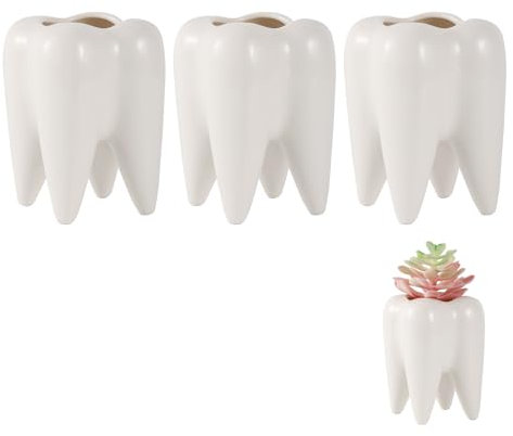 fifibang 3 Stück Sukkulenten Topf Keramik Zahn-Form, Weiß Zähne Keramik Blumentopf Pflanztopf, Mini Pflanzgefäß für Kakteen, Sukkulente Kaktus Töpfe Stifteköcher Stiftbecher für Garten Büro