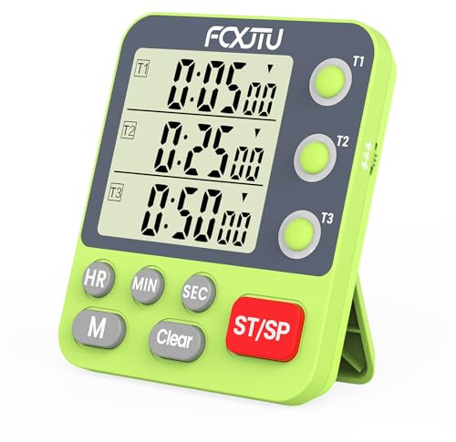 FCXJTU Digitaler Dual-Dreifach-Küchentimer, 3 Kanäle, Countdown, großes Display, Multi-Lebensmittel-Timer, Laute Lautstärke, Alarm, magnetisch, zum Kochen, inklusive Batterie, Grün