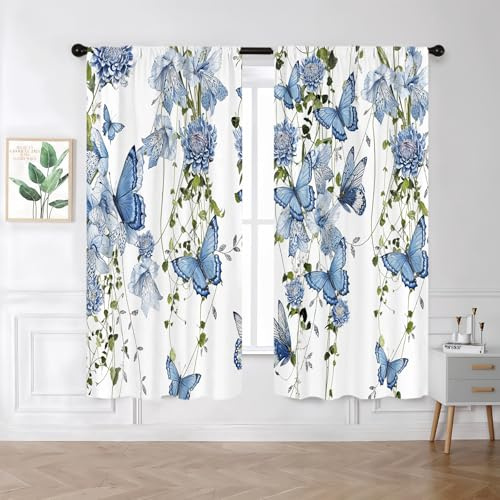 Famiffty Floral Butterfly Kitchen Curtains Rod Pocket Blue Flower Spring Summer Leaves Small Short Cafe Curtain Girls Wildflower Vines Lavender Window Treatment Drapes (42W X 63L Inch 2 Panels)
