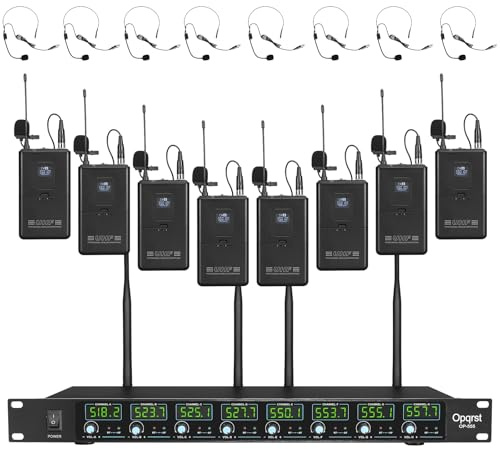 Wireless Microphone System, 8 Channel 8 Bodypack Lapel Mics, UHF 300ft Range, Fixed Frequency, Dynamic Microphones for Singing, Karaoke, Wedding, Party, Meeting, School