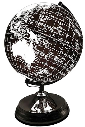 Gleneagles Lampe globe terrestre de voyage Noir et argenté 20 cm | LED blanc froid activé par interrupteur Globe du monde | Lampe géo | Carte du monde | Gadgets de bureau, maison, bureau pour hommes