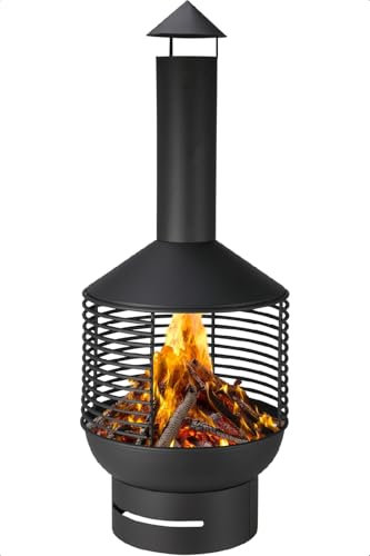 idooka Chiminea Fireplace with Base & Top – Stylish Cut-Out Style Outdoor Chimney Fire Pit for Garden & Patio, Durable Matt Black Steel, Size 41x41x105cm, 800°C Fire Rated