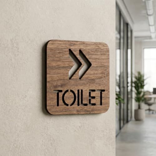 Right Arrow Walnut Wooden Toilet Directional Sign – 14.5 x 14.5 cm Bathroom Wayfinding Plaque with Modern Right Arrow Design, Ideal for Office, Café, Restaurant, or Home Use