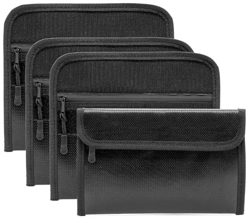 Piuluvor® 4 Stück Feuerfeste Tasche, Feuerfeste Dokumententasche 20,5×12cm | Schwarz Dokumententasche Feuerfest Wasserdicht Kleine Feuerfeste Geldtasche für Klein Wertsachen