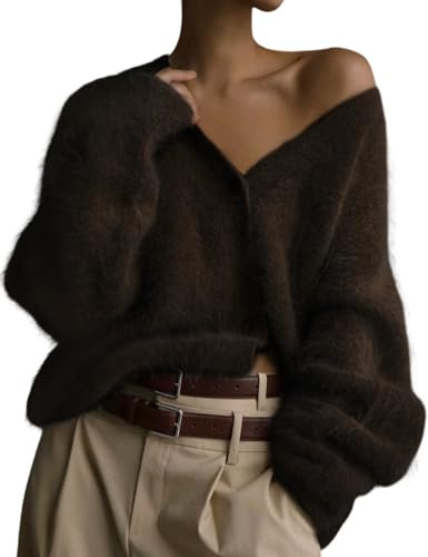 Yimoon Cardigan da Donna sfocato Maglione con Scollo a V a Maniche Lunghe Abbottonato Maglioni a Maglia Pelosi Morbidi 2025, Marrone, XL