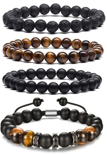 JSTHHTT 4Pcs Bracelet Oeil de Tigre pour Hommes, Bracelet de Perles, bracelet homme en Pierre Naturelle de 6 et 8 mm, Bijoux Homme Cadeau Anniversaire Saint-Valentin Noël Fête des Pères
