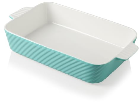 Sweejar Ceramic 13 x 9 Baking Pan, Cake Baking Dish for Brownie, Porcelain Striped Casserole Dishes for Oven with Handle for Lasagna, Family Dinner(Turquoise)