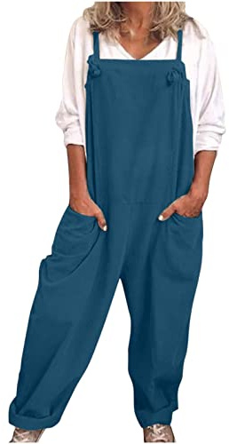 Womens Jumpsuits Clearance Casual Baggy Dungarees Ladies Solid Color Cotton Linen Straight Leg Overalls Loose Fit One Piece Playsuits with Pockets