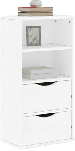 HaoChrymec Mobile Contenitore Laterale con 2 Cassetti e 2 Ripiani, in Pino Massello Bianco, Design Classico Rustico, Mobiletto Bianco per Camera da Letto o Corridoio, 40 x 24 x 79 cm