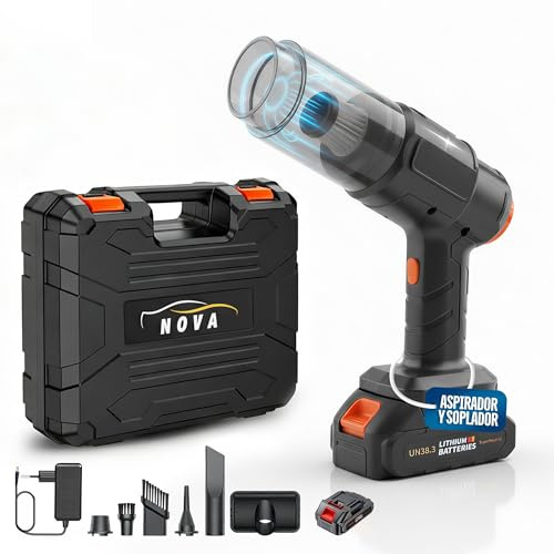 Nova - Aspirador Coche Potente - Soplador de Aire Potente y Aspirador de Mano con 19000PA 7 en 1 - Aspiradora Portatil de Motor sin Escobillas con Maletin para Oficina, Coche y Hogar.