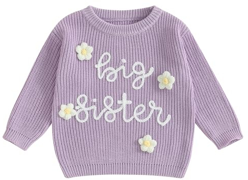 Haomibacu Little Baby Girls Casual Sweater Big Sister Letter Flower Embroidery Long Sleeve Knitwear Round Neck Fall Winter Pullover Top (Floral Purple, 2-3 Years)