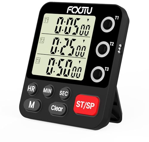 FCXJTU Digitaler Dreifach-Küchentimer, 3 Kanäle Countup/Down Stoppuhr Timer, Dual-Koch-Timer, großes Display, lauter Lautstärkealarm und Blinklicht mit magnetischer Rückseite, Ständer, Batterie im