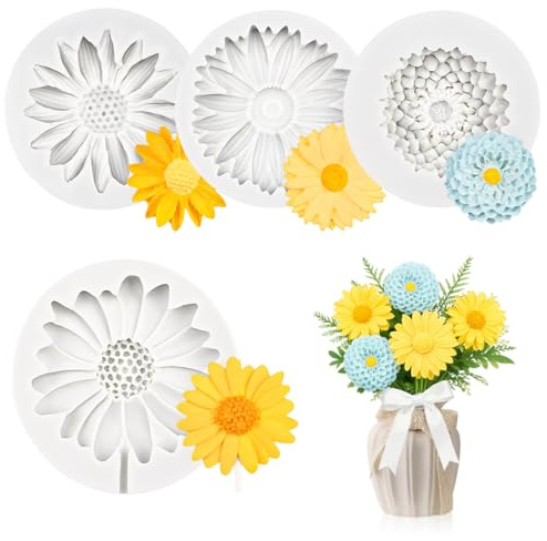 OIUAVYR 4 Stampi In Silicone Per Candele, Stampi Fiori Girasole Margherita, Stampi 3D Per Candele, Stampi In Silicone Per Versamenti, Per Fai Da Te, Candele, Sapone, Decorazione Domestica