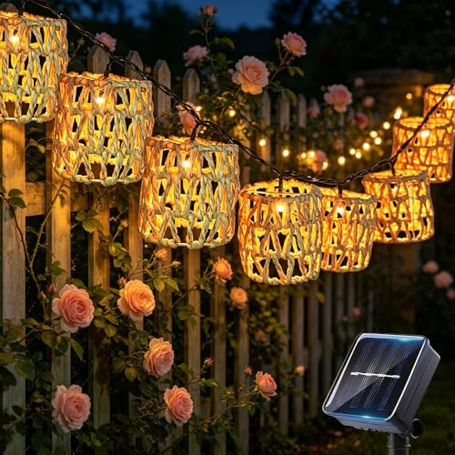 Nzkeuf LED Solar Lichterkette Aussen, 10er LED Solar Rattankugel Lampion, Wasserdicht Lichterkette Außen Solarlampen, Papierseil Solar Lichterkettes Außen Balkon Garten Outdoor