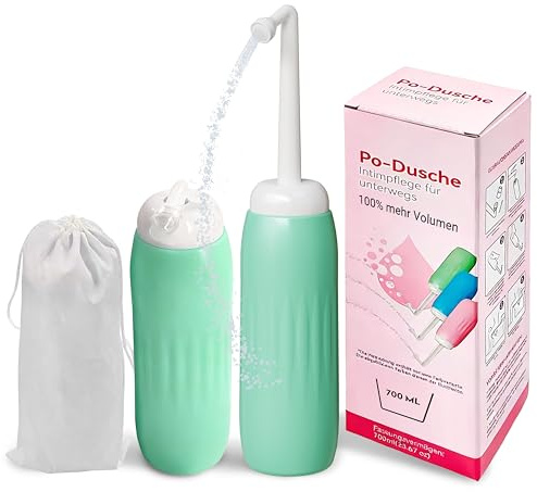 Faltbare Po Dusche – 9 Löcher für stärkeren Wasserstrahl, mit Dichtungsring, Staubkappe & Beutel – Ideal als Intimdusche, Portable Bidet, für Reisen (Minzgrün, 700ml)