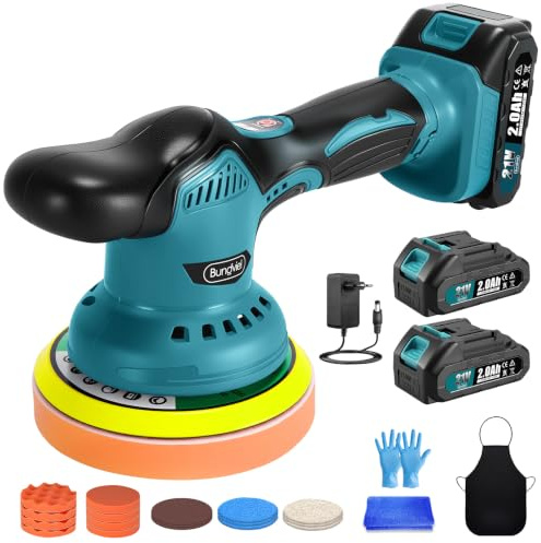 Bundviel Akku Poliermaschine Auto,150mm Exzenterpolierer mit 2× 21V 2000mAh Batterien,8 Geschwindigkeiten bis 6000RPM, 13-tlg Polierset,Polierset für Auto Detailpflege, Boot & Lackkorrektur