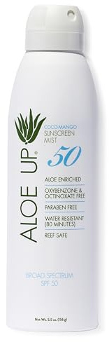 Aloe Up White Collection SPF 50 Sunscreen Spray Mist for Face & Body with Aloe Vera Gel, Water Resistant up to 80 Minutes, Reef Friendly, Non Greasy, Fast Absorbing, Coco Mango 5.5 oz