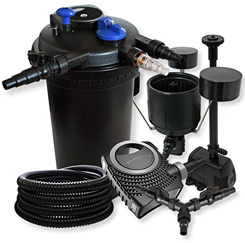 SunSun Komplettset: CPF-15000 Teichdruckfilter bis 30000 L mit 18 Watt UV-C Teichklärer, CTF-8000 Teichpumpe 8000l/h 70W, 25m Schlauch 25mm, CSP-250 Skimmer 2500l/h, HJ-943 Springbrunnen, Y-Verteiler