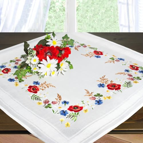 KAMACA Stickpackung Tischdecke 80x80 cm Stielstich Plattstich vorgedruckte Stickdecke inkl. Stickgarn Stickvorlage Anleitung Stickset zum Selbersticken für Erwachsene (Blütenparadies MD 80x80 cm)