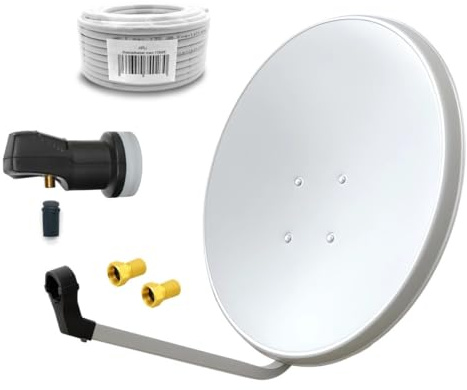 ARLI 60cm HD Sat Anlage Single LNB + 20m Koaxialkabel 135dB + 2 F-Stecker Digital 1 Teilnehmer Antenne lichtgrau/Weiss UHD 4K FullHD
