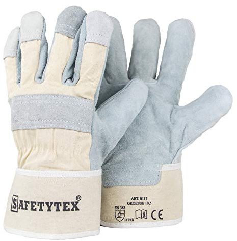 Safetytex Leder Arbeitshandschuhe - Rindspaltleder Handschuhe - Profi Rindspalt Handschuhe mit Canvas Stulpe - Verstärkte Fingerkuppen & Knöchelschutz - Größe 10,5 - Menge wählbar (12 Paar)