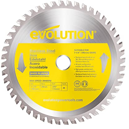 Evolution Hoja de sierra de 185mm S185TCT-48CS de Evolution para cortar acero inoxidable: la hoja de sierra de metal con punta de carburo y 48 dientes no genera calor, rebabas ni chispas