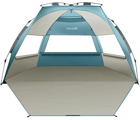 OutdoorMaster Strandmuschel Pop Up, 3-4 Personen Strandzelt mit UPF 50+ UV Schutz, einfacher Aufbau in 60 Sekunden, wetterfestes Campingzelt mit abnehmbarem Dachfenster (Cancun Meeresküste)
