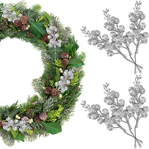 KBNIAN 14 Stücke Mini Weihnachts Silber Künstliche Beeren Deko,Künstliche Stechpalmenbeeren Frosted Holly Beere, für Weihnachtshandwerk, Weihnachtsbaum und Weihnachtskranzdekoration (Silber)