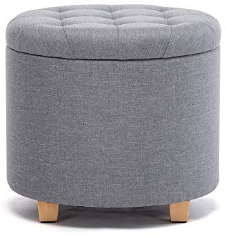 HNNHOME 45cm Round Linen Storage Ottoman Footstool Pouffe (Light Grey)
