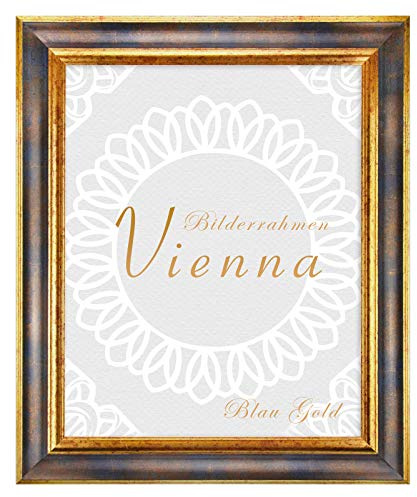 BIRAPA Bilderrahmen gold Vienna Rahmen 40x50 cm - Bilderrahmen vintage in Blau Gold, Bilderrahmen Holz mit Zierleiste innen und außen, Fotorahmen, Holzrahmen