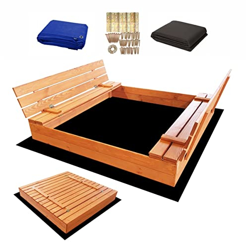 Premium Sandkasten 140x140 cm Imprägniert inkl. Video Anleitung für Montage Sandbox mit Abdeckung Sitzbänken Deckel Plane Sandkiste, Holz Sandkastenvlies 150x150 XXL