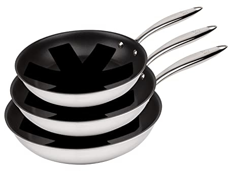 MasterPro Argent 3 | 3 Sartenes Antiadherentes de 20, 24 y 28 cm | Con Triple Capa de Acero Inoxidable y Aluminio Forjado | Con Mango Ergonómico | Sartén Acero Inoxidable | Para Todo Tipo de Cocinas