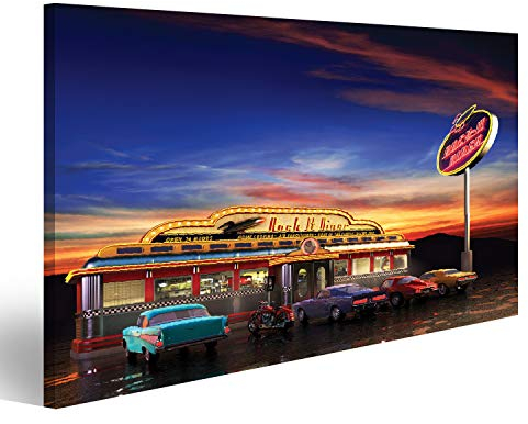 islandburner Bild auf Leinwand Retro American Diner In Der Abenddämmerung Wandbild Poster Kunstdruck Bilder 100x57cm