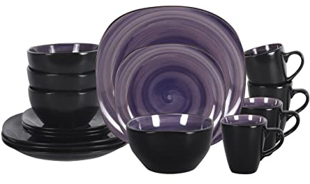 HomeVss - Quadratisches Geschirr-Set 16-teilig, für 4 Personen, Set aus Tellern und Schalen in Lila und Schwarz, mikrowellen- und spülmaschinenfest