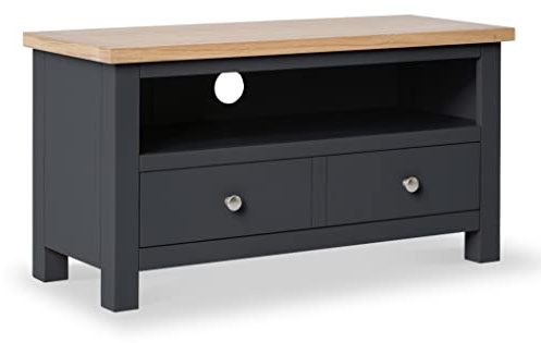 RoselandFurniture Farro Charcoal Grey Small TV Unit for Living Room | Fully Assembled, Television Cabinet with Oak Top, Suitable for 40 Inch Screen, Contemporary Style, H48cm W90cm D35cm