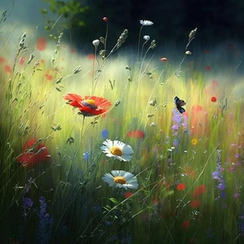adrium Acryl-Bild 70 x 70 cm: Blumenmalerei. Wildblumen, weiße Gänseblümchen, rote Mohnblumen und gelbe schöne Blumen im Gras auf dem Feld. Digital (201834897)