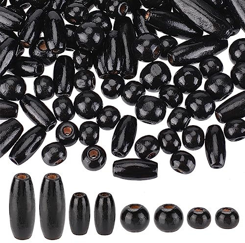 PandaHall Schwarze Holzperlen 4 Stile Natürliche Holzperlen Gefärbte Holz Abstandsperlen Rund/Oval Lose Perlen Röhrenperlen Für Schmuckherstellung Haare Handgefertigt DIY Handwerk Bauernhaus