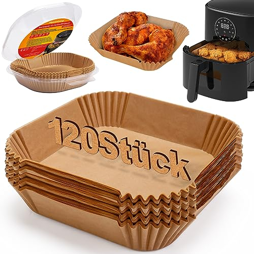 Pleasantsong Airfryer Backpapier Für Heißluftfritteuse 4-8L:120 Stück 20cm Air Fryer Paper Heißluftfritteuse Zubehoer for Airfryer, Backofen, Mikrowelle, Dampfgarer, Anti-Öl-Austritt (Eckig)
