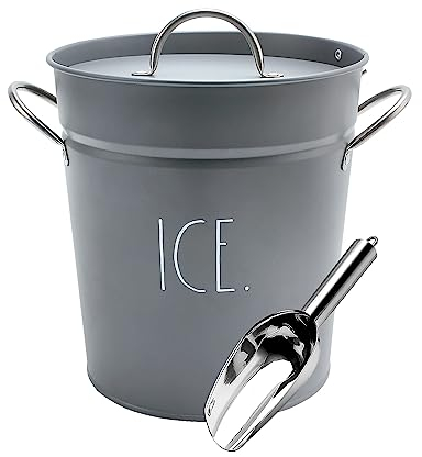 Rae Dunn Ice Bucket with Scoop - Stainless Steel Bucket with Handle, Lid and Ice Scooper - 4 Qt. Storage Bin for Ice Cubes for Bars, Parties, Backyard Barbeques, Picnics, and Camping (Grey)