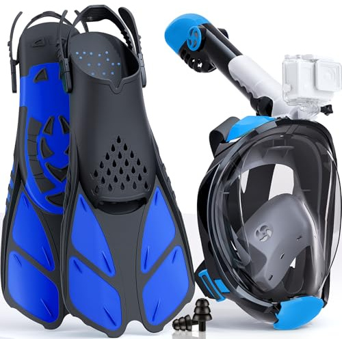 Snorkel Set for Adults, Full Face Snorkel Mask with Flippers & Swim Fins, Panoramic View Snorkel Mask Dry Top Anti-Fog Anti-Leak, Foldable Design with Travel Bag