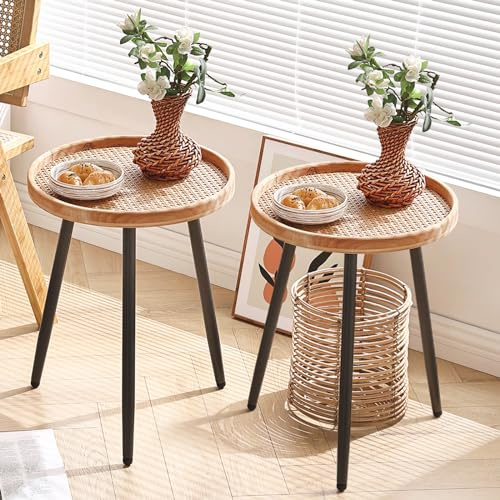LITA Runder Beistelltisch aus Rattan, Nachttisch/kleine Tische, für drinnen und draußen, Holztablett mit Metallständer, Beistelltisch für Wohnzimmer, Schlafzimmer, Büro, kleine Räume, 2 Stück