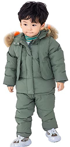L SERVER Combinaisons de Neige Garçon Chaude Ensemble Doudoune Fille Veste de Ski + Pantalon Coupe-vent Hiver Combinaison de Ski avec Capuche à Col en Fourrure, Vert Haricot, 3-4 ans