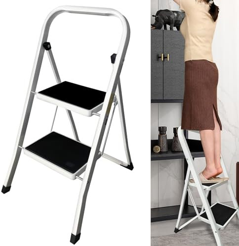 Heavy Duty Steel 2 Step Ladder Folding Step Stool Portable Compact Lightweight Non Slip Tread Stepladder, Small Steps Foldable 2 Step Stool Ladder with Handrail for Home/Kitchen/Garage,330lbs Capacity