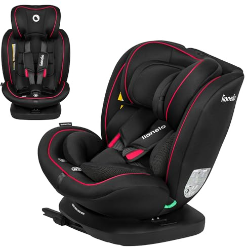 LIONELO Bastiaan i‑Size Bilbarnstol, 40‑150 cm (0‑36 kg), Grupp 0/1/2/3, 360° Svängbar, ISOFIX & Top Tether, RWF & FWF, R129, Memory Foam Nackstöd, 4 Lutningslägen, 5‑punktsbälte, Svart Röd