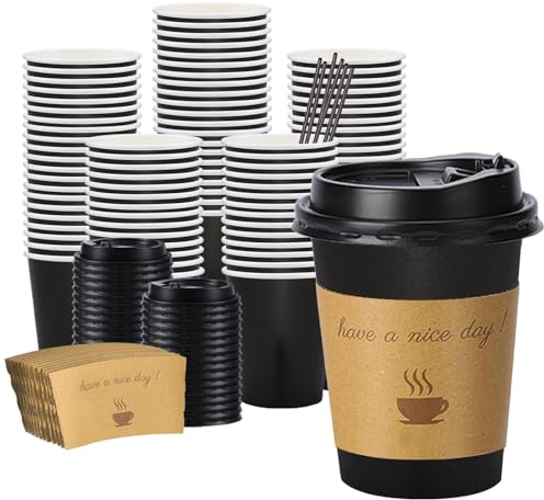 BYSNOW 100 pack 12 oz Thickened Coffee Cups with Lids, Scald Resistant Hot Cups with Sleeve and Straw, To Go Coffee Cups for Home, Office, Cafes and Party (Black 12oz)